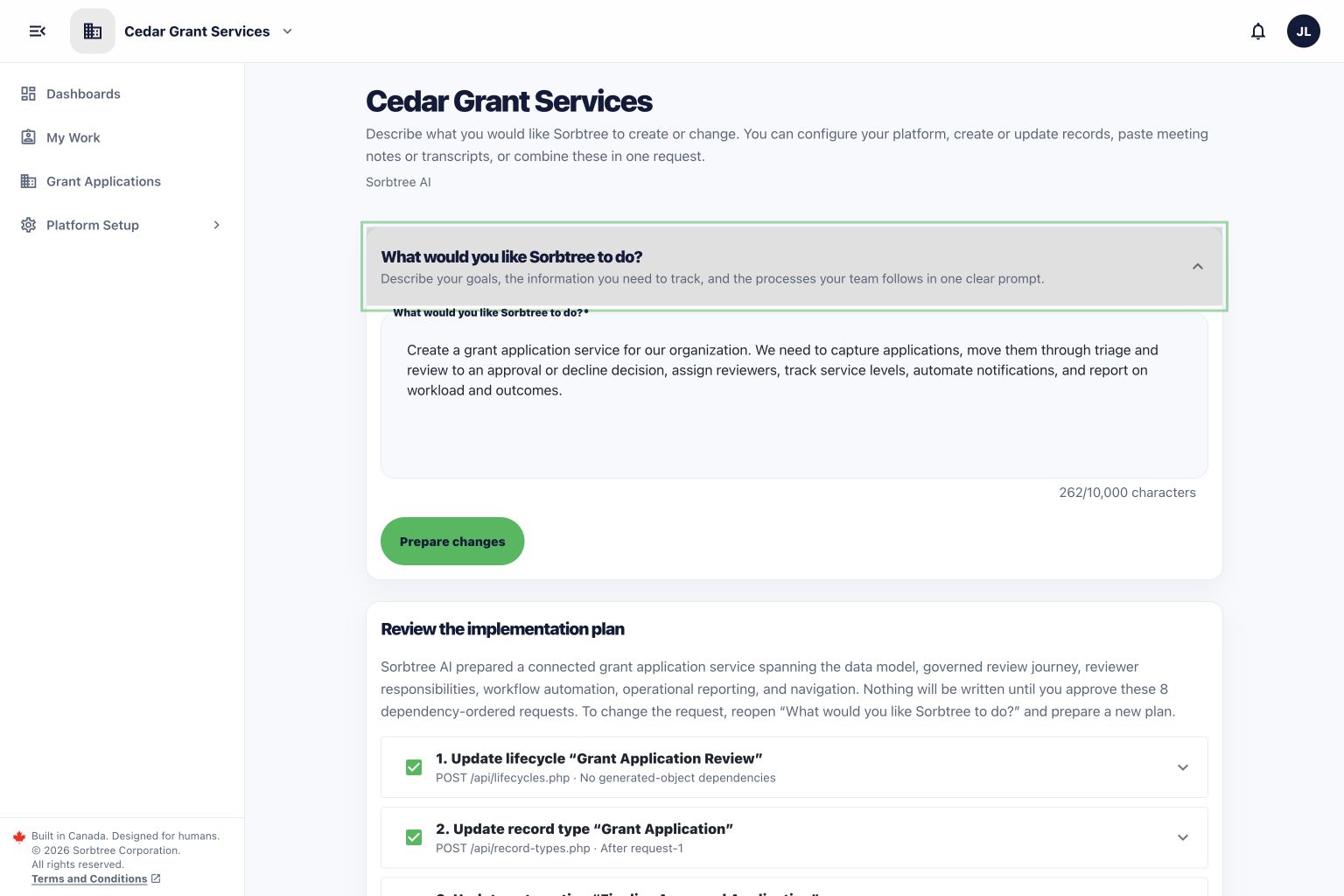 Sorbtree AI implementation plan for a grant service operating model