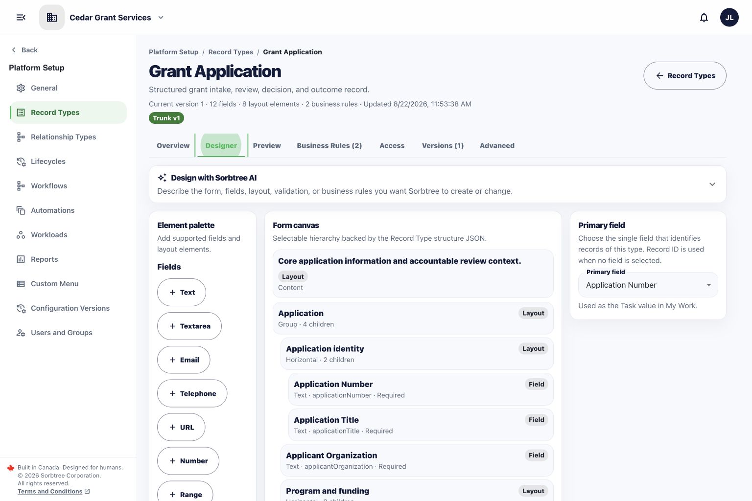 Sorbtree Record Type Designer showing the configured Grant Application model